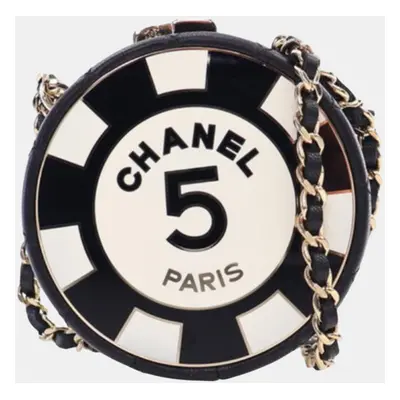 Chanel Black/White Enamel and Quilted Lambskin Round Poker Chip Clutch with Chain