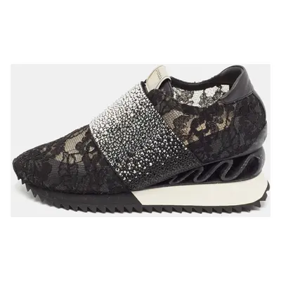 Le Silla Black Lace and Leather Crystal Embellished Lace Up Sneakers Size