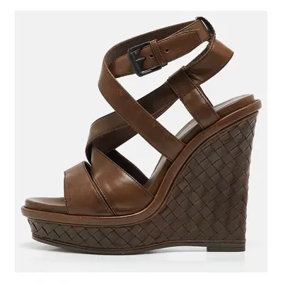 Bottega Veneta Brown Intrecciato Leather Wedge Sandals Size