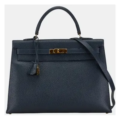 Hermes Navy Blue Leather Kelly Tote Bag