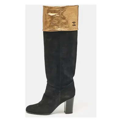 Chanel Black Suede CC Knee Length Boots Size 40.5