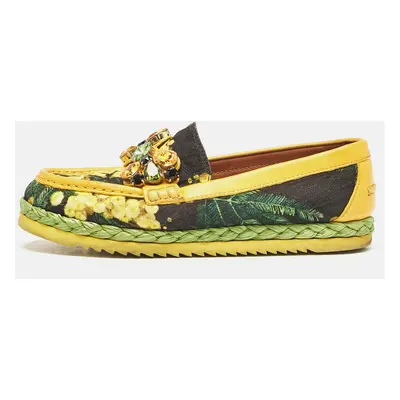 Dolce & Gabbana Yellow/Black Floral Print Fabric and Leather Crystal Embellished Loafers Size 37