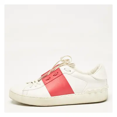 Valentino White/Red Leather Rockstud Lace Up Sneakers Size