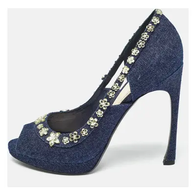 Dior Navy Blue Denim Crystal Embellished Peep Toe Pumps Size 40.5