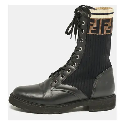 Fendi Black Leather and Zucca Stretch Fabric Rockoko Combat Boots Size