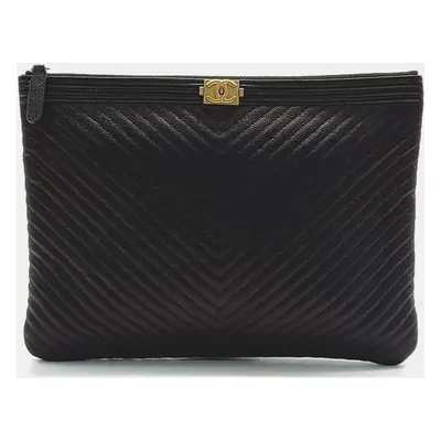 Chanel Black Leather Chevron Boy New Medium Clutch