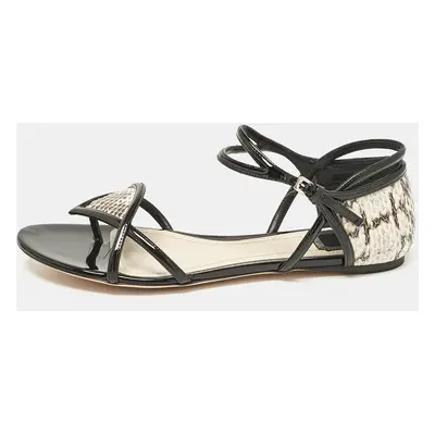 Dior Beige/Black Python and Patent Leather Venus Flat Sandals Size