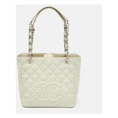 Chanel Ivory Quilted Caviar Leather Petite Shopping Tote