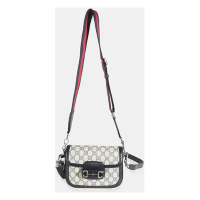 Gucci Navy Beige GG Supreme Mini Horsebit Shoulder Bag