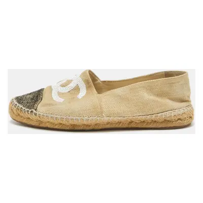 Chanel Beige Raffia CC Cap Toe Espadrille Flats Size