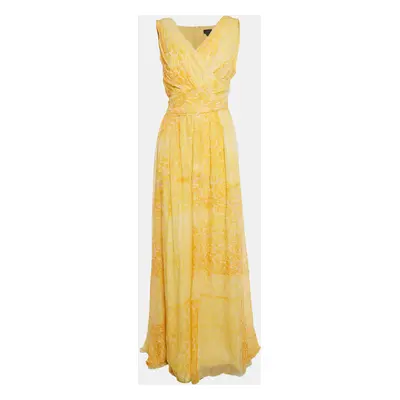 Max Mara Yellow Abstract Print Chiffon Silk Sleeveless Draped Gown