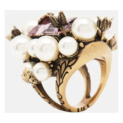 Gucci Crytstals Faux Pearl Gold Tone Ring Size