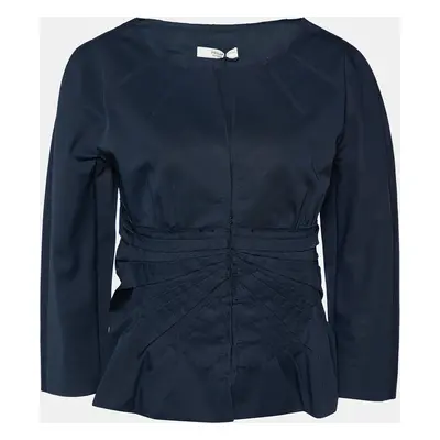 Prada Navy Blue Gabardine Draped Detail Hook Front Jacket