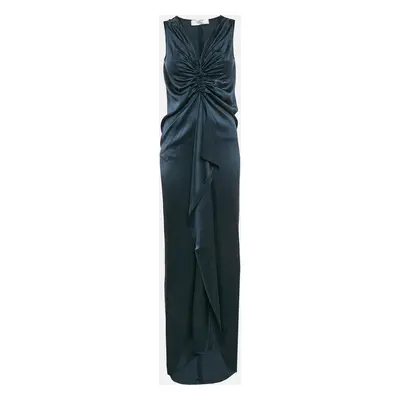 Lanvin Blue Satin Silk Frayed Asymmetric Sleeveless Maxi Dress