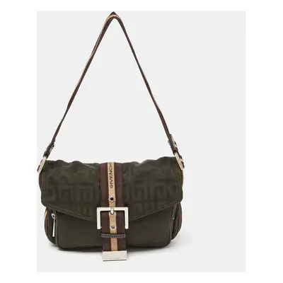 Givenchy Green/Brown Monogram Fabric Buckle Flap Baguette Bag