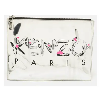 Kenzo Silver Patent Leather Logo Printed Zip Pouch