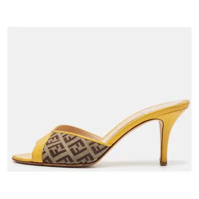 Fendi Yellow/Brown Leather and Zucca Canvas Slide Sandals Size