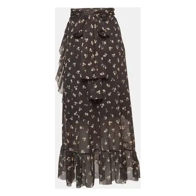 Ganni Grey Floral Print Tilden Mesh Ruffled Wrap Skirt