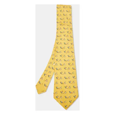 Hermes Yellow Whimsical Chickens Print Silk Classic Tie