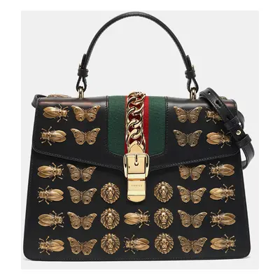 Gucci Black Leather Animal Studs Sylvie Top Handle Bag