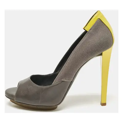 Balenciaga Grey Canvas and Leather Peep Toe Pumps Size 37.5