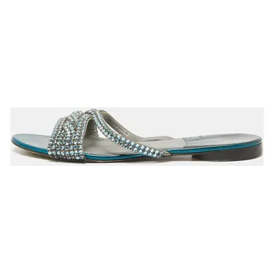 Gina Blue Leather Crystal Embellished Flat Sandals Size 40.5