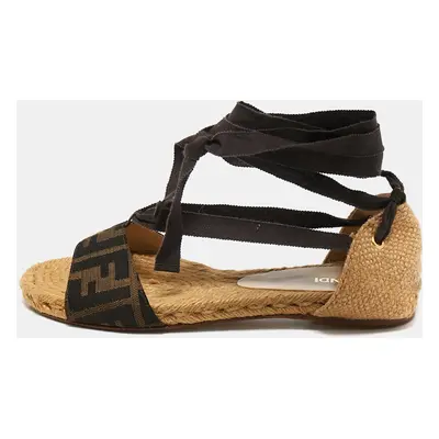 Fendi Brown FF Canvas and Fabric Ankle Wrap Flat Sandals Size 36.5