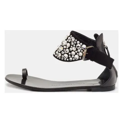 Giuseppe Zanotti Black Suede and Leather Crystal Embellished Ankle Wrap Flat Sandals Size