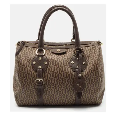 Aigner Brown/Beige Signature Coated Canvas and Leather Boston Bag