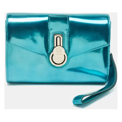 Baldinini Metallic Blue Patent Leather Flap Wristlet Clutch