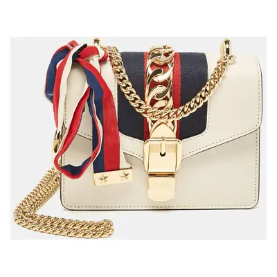 Gucci Off White Leather Mini Web Chain Sylvie Shoulder Bag