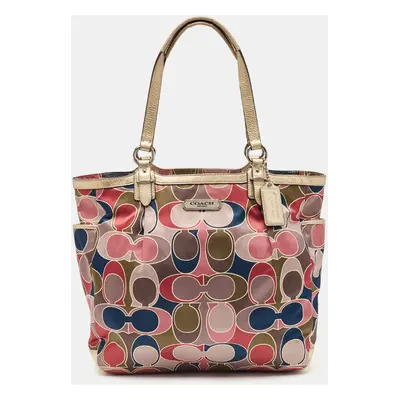 Coach Multicolor Op Art Satin and Leather Side Pocket Tote