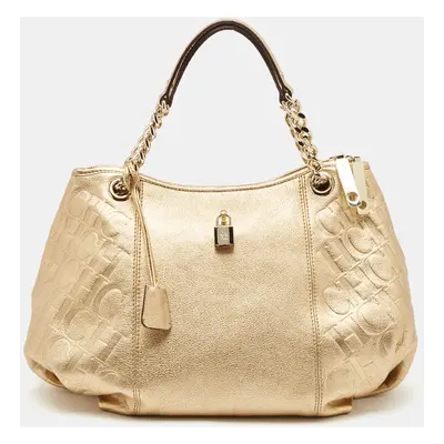 CH Carolina Herrera Gold Monogram Embossed Leather Dahlia Hobo