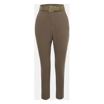 Elisabetta Franchi Olive Green Crepe Belted Slim Fit Trousers