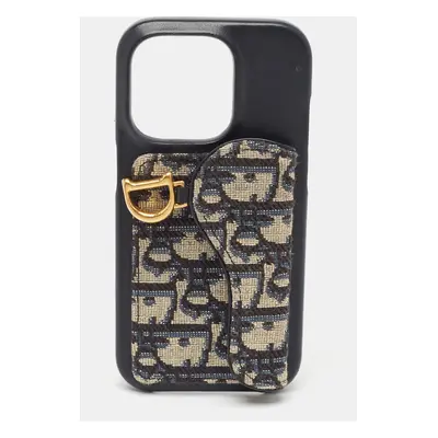 Dior Navy Blue/Beige Oblique Jacquard and Leather Saddle iPhone Pro Case