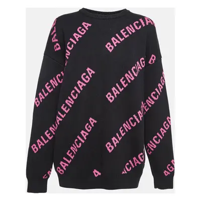 Balenciaga Black Monogram Patterned Cotton & Wool Blend Knit Sweatshirt