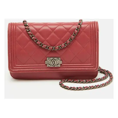 Chanel Coral Pink Quilted Leather Boy Flap Wallet On Chain