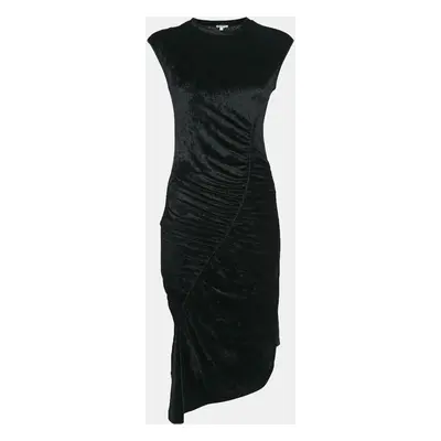 Kenzo Black Stretch Velour Ruched Asymmetric Midi Dress