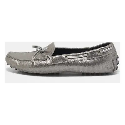 Tod's Grey/Silver Textured Suede Bow Slip On Loafers Size