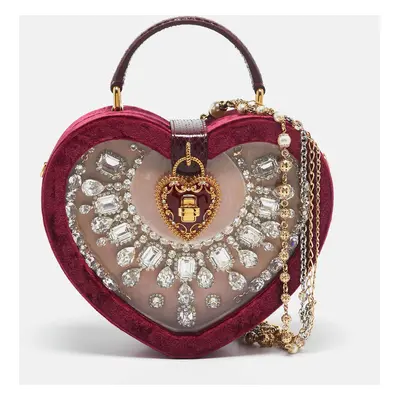 Dolce & Gabbana Burgundy Velvet & Snakeskin Crystal My Heart Box Top Handle Bag