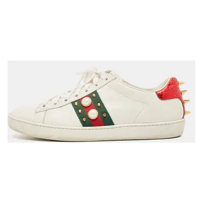 Gucci White Leather Faux Pearl and Spikes Embellished Ace Low Top Sneakers Size 36.5