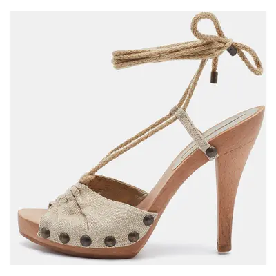 Stella McCartney Beige Fabric Wooden Platform Ankle Wrap Sandals Size