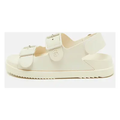 Gucci Off White Rubber Mini Double G Logo Dusty Ankle Strap Flat Sandals Size