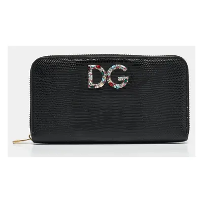 Dolce & Gabbana Black Lizard Embossed Leather DG Crystals Zip Continental Wallet