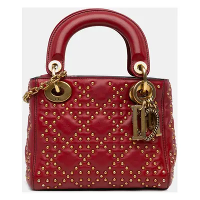 Dior Red Mini Lambskin Cannage Studded Supple Lady Dior