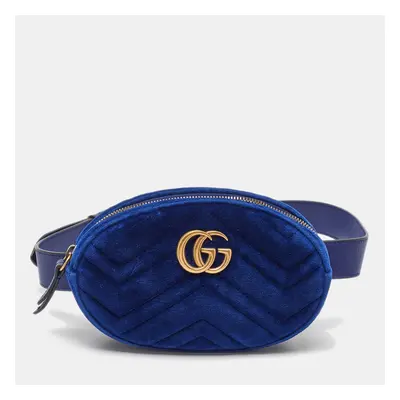 Gucci Blue Matelassé Velvet GG Marmont Belt Bag