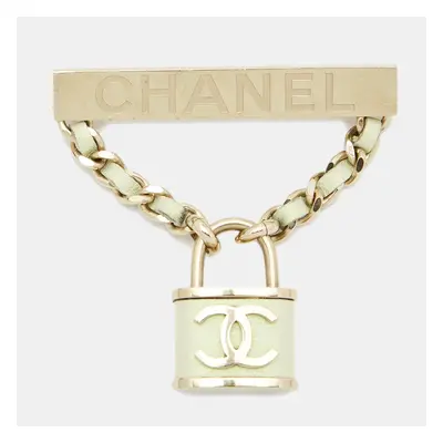 Chanel CC Lock Leather Gold Tone Brooch