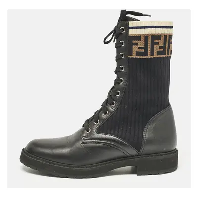 Fendi Black/Brown Fabric and Leather Rockoko Combat Boots Size