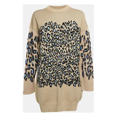 Kenzo Camel Brown Tiger Pattern Wool Blend Knit Mini Dress