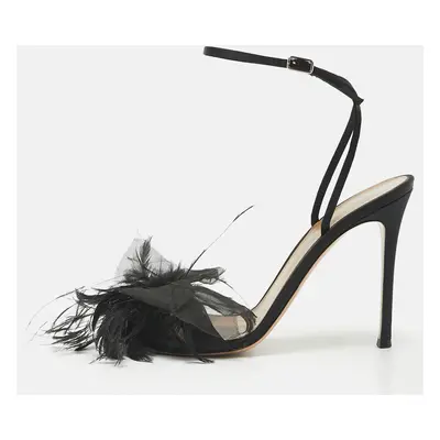 Gianvito Rossi Black Satin and Feather Flower Ankle Strap Sandals Size